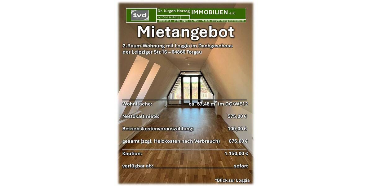 Etagenwohnung Torgau - 2 Zimmer, 57 m&sup2;, 575&euro; | Angebot:26797246