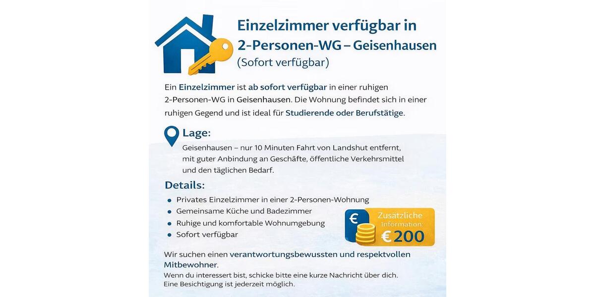 Wohnen auf Zeit Geisenhausen - 1 Zimmer, 14 m&sup2;, 350&euro; | Angebot:26170426