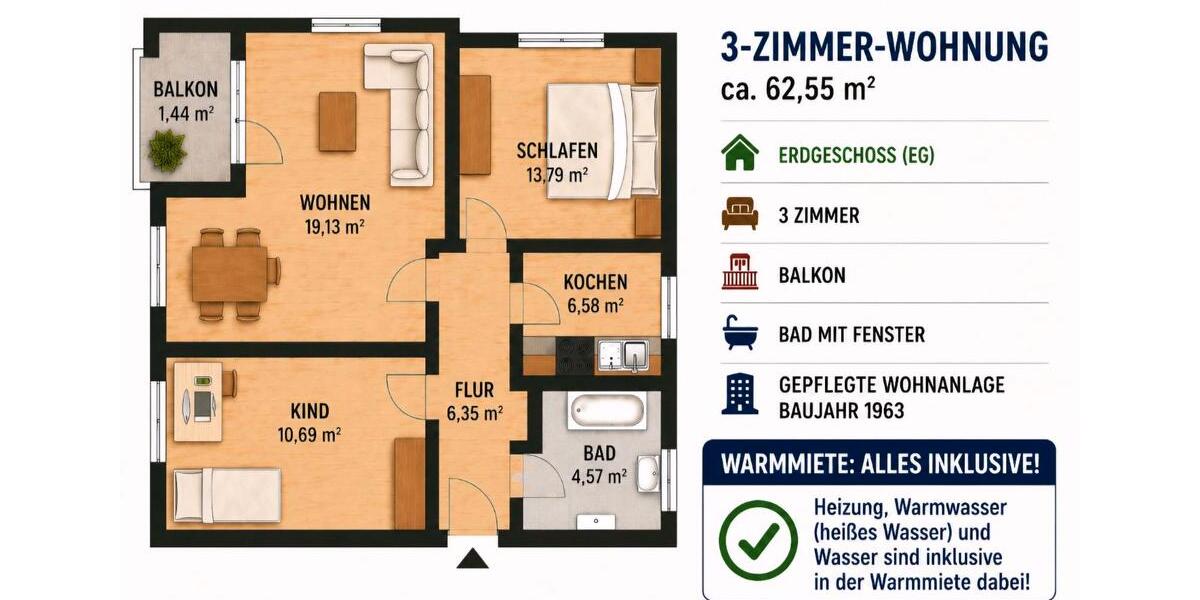 Erdgeschoßwohnung Fürstenfeldbruck - 3 Zimmer, 63 m&sup2;, 1.500&euro; | Angebot:26614942