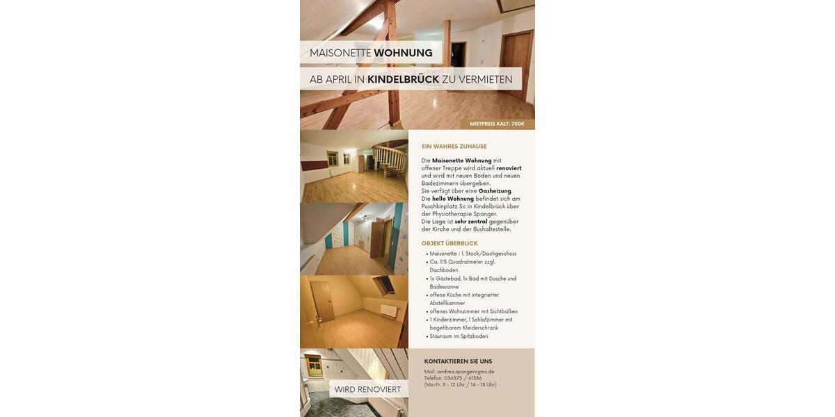 Maisonettenwohnung Kindelbrück - 3 Zimmer, 115 m&sup2;, 700&euro; | Angebot:24682001