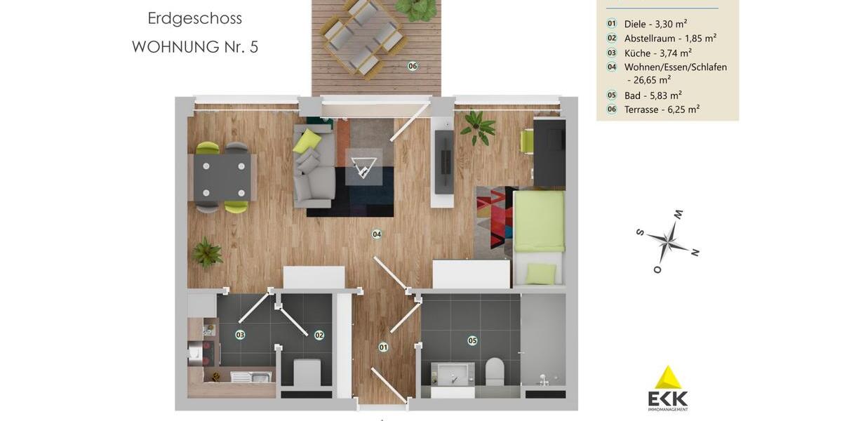 Erdgeschoßwohnung Bonn Küdinghoven - 1 Zimmer, 26 m&sup2;, 670&euro; | Angebot:23300428