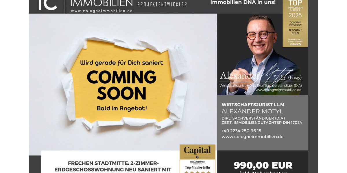 Etagenwohnung Frechen Bachem - 2 Zimmer, 55 m&sup2;, 840&euro; | Angebot:24646971