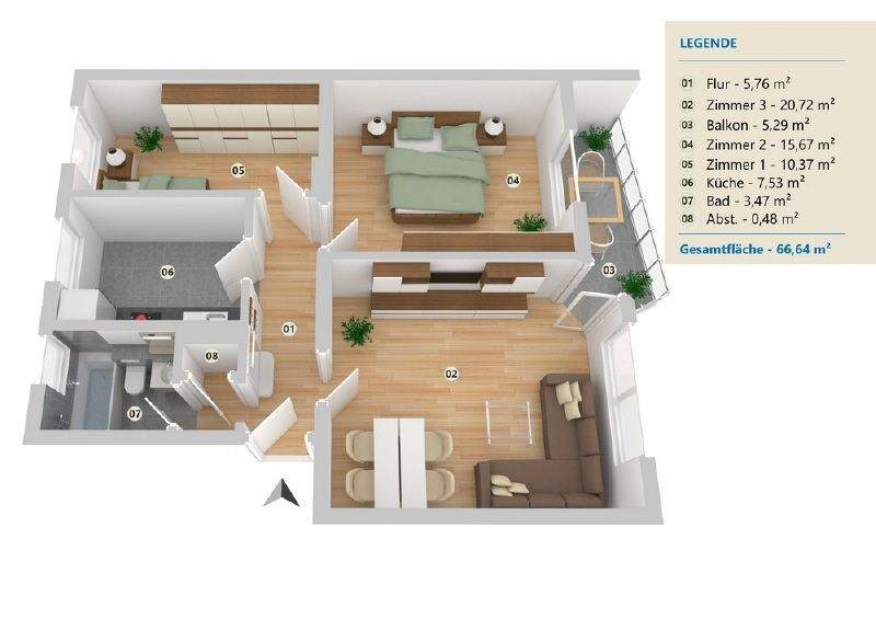 Etagenwohnung Minden Innenstadt - 3 Zimmer, 66 m&sup2;, 725&euro; | Angebot:24789274