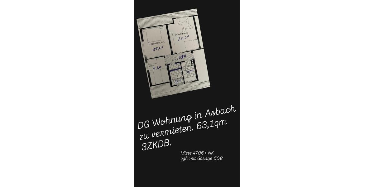 Dachgeschoßwohnung Asbach - 3 Zimmer, 63 m&sup2;, 620&euro; | Angebot:26629752