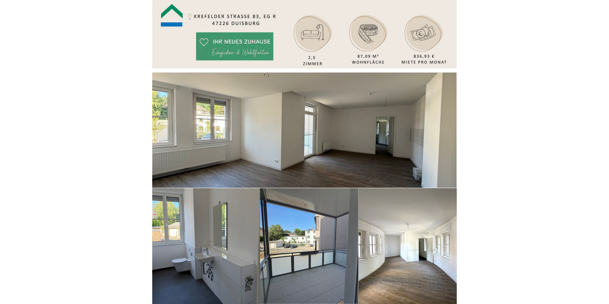 Etagenwohnung Duisburg Rheinhausen - 2.5 Zimmer, 87 m&sup2;, 837&euro; | Angebot:24898605