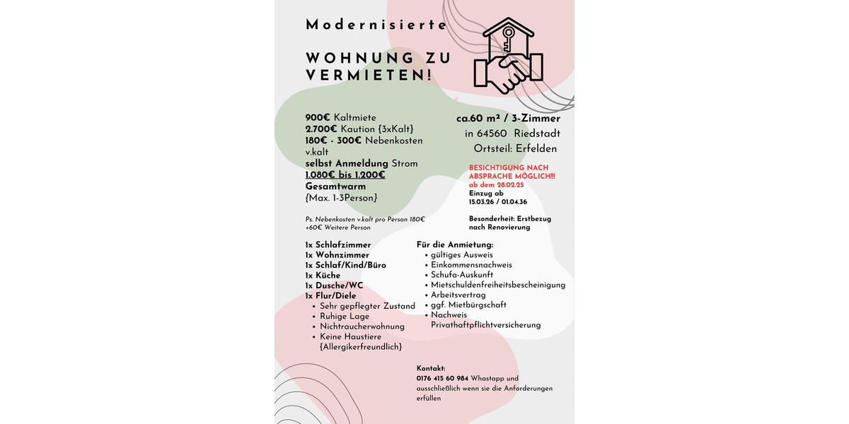 Etagenwohnung Riedstadt - 3 Zimmer, 60 m&sup2;, 900&euro; | Angebot:25245086