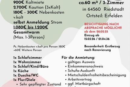 Wohnung Riedstadt - 3 Zimmer, 60 m&sup2;, 900&euro; | Angebot:25245086