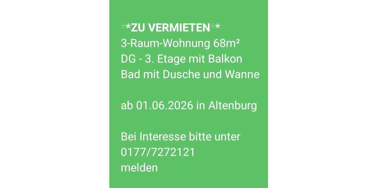Dachgeschoßwohnung Altenburg - 2 Zimmer, 68 m&sup2;, 650&euro; | Angebot:25237466