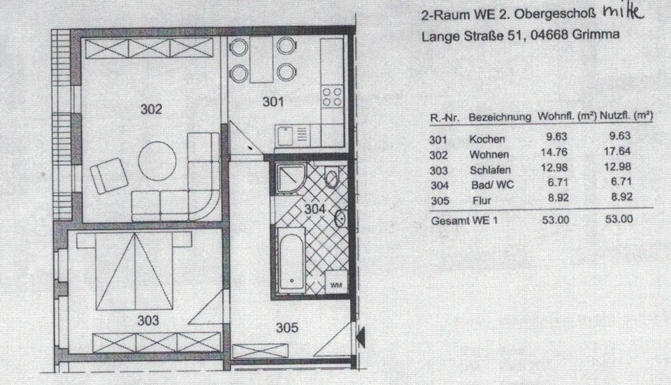 Etagenwohnung Grimma - 2 Zimmer, 53 m&sup2;, 345&euro; | Angebot:25884195