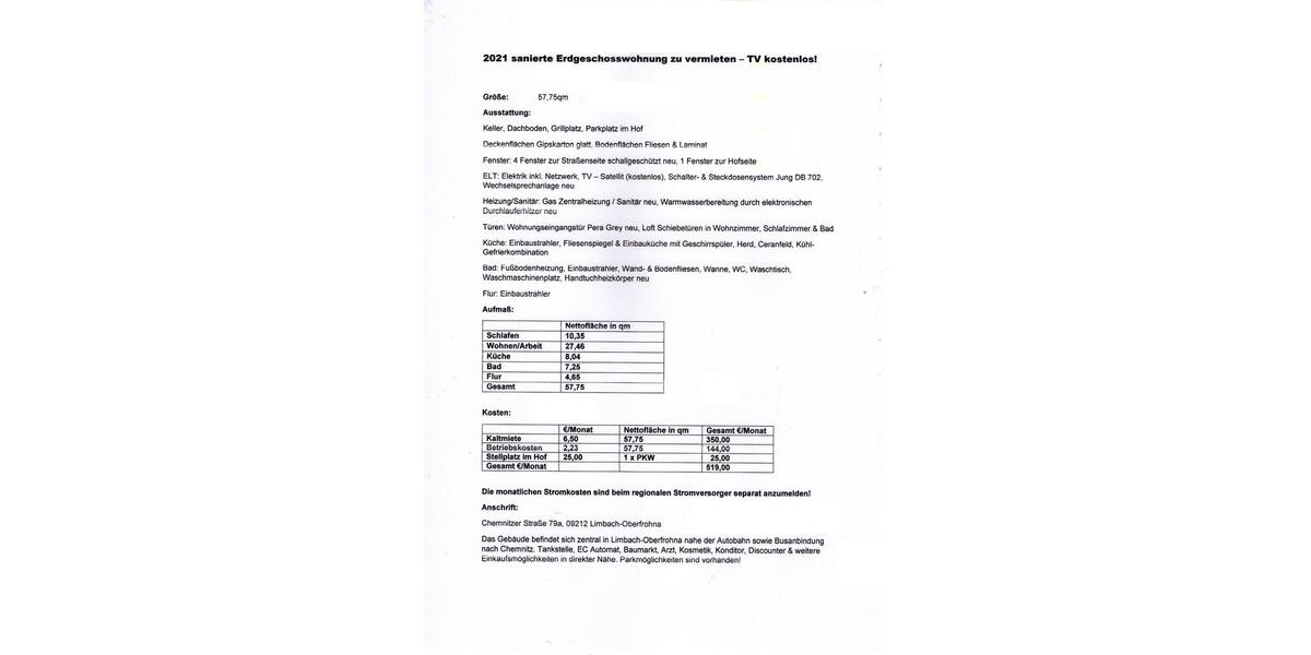 Hochparterre Limbach-Oberfrohna Oberfrohna - 2 Zimmer, 58 m&sup2;, 350&euro; | Angebot:26674391