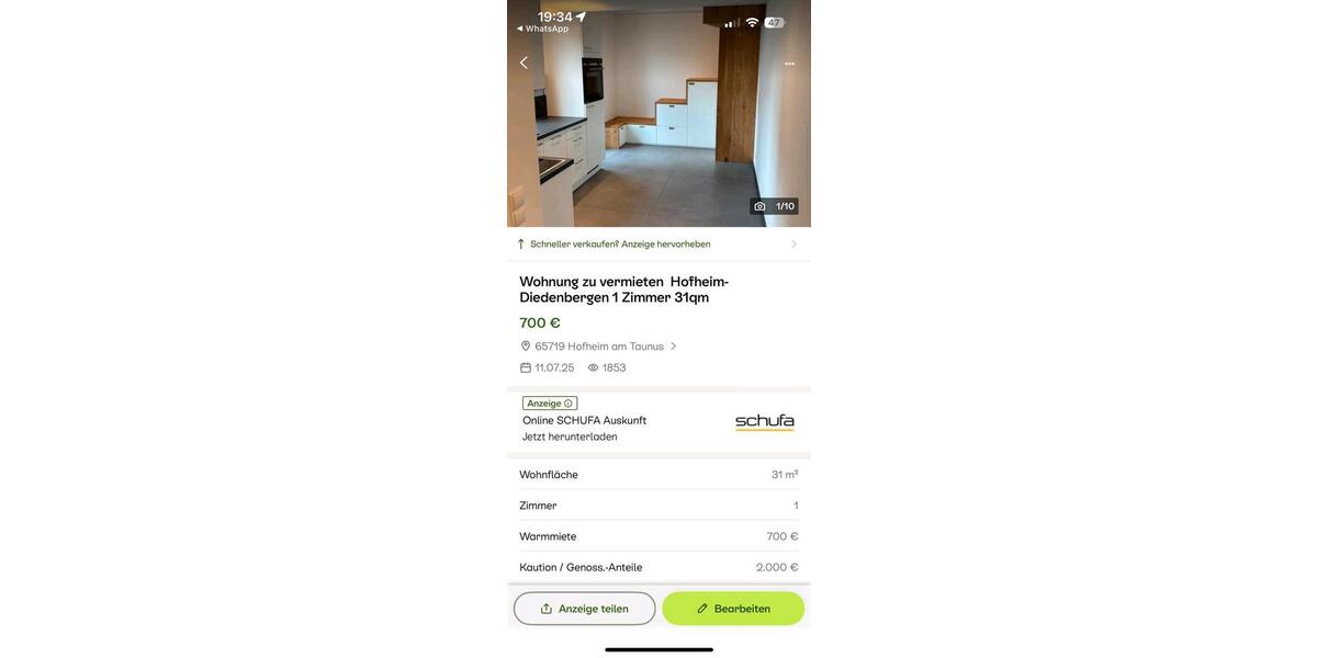 Etagenwohnung Hofheim am Taunus - 1 Zimmer, 31 m&sup2;, 700&euro; | Angebot:25935566