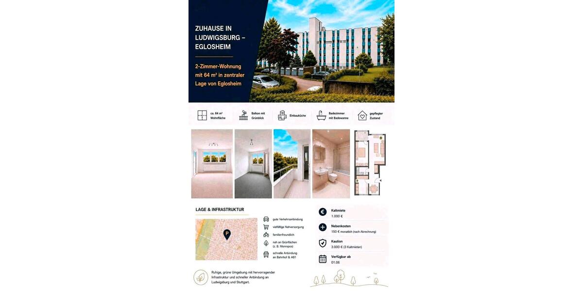 Etagenwohnung Ludwigsburg Eglosheim - 2.5 Zimmer, 64 m&sup2;, 1.000&euro; | Angebot:26701914