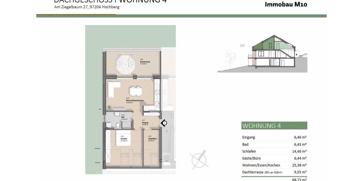 Dachgeschoßwohnung Höchberg - 2 Zimmer, 69 m&sup2;, 1.450&euro; | Angebot:26002724