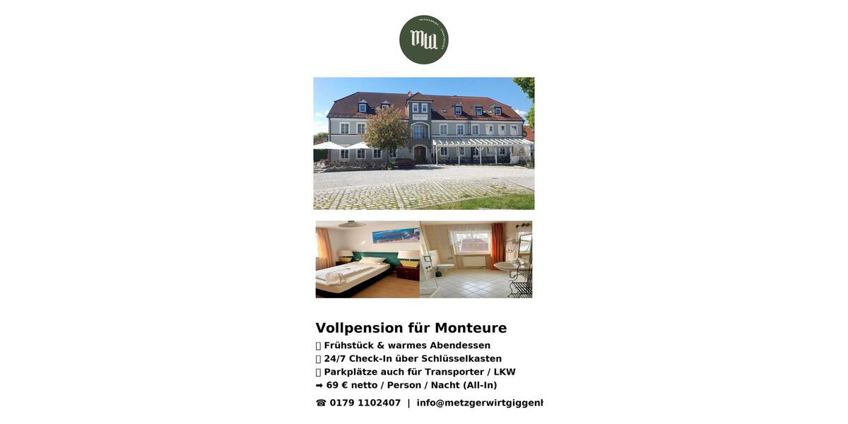 „Monteurzimmer + Abendessen + Frühstück · Fixpreis · Parkplatz“ 16 zimmer