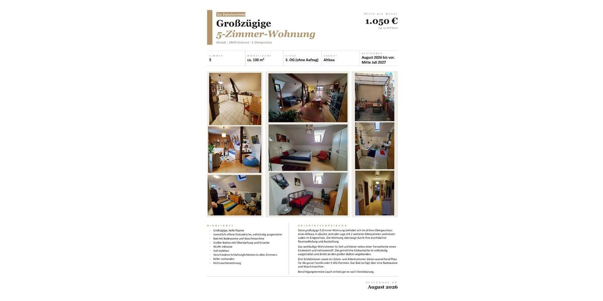 Wohnen auf Zeit Stralsund - 5 Zimmer, 104 m&sup2;, 1.050&euro; | Angebot:25887584