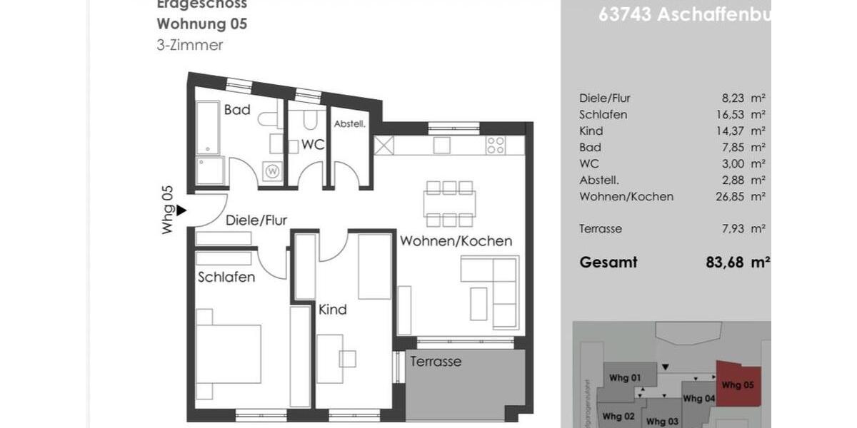 Erdgeschoßwohnung Aschaffenburg Gailbach - 3 Zimmer, 84 m&sup2;, 1.000&euro; | Angebot:25238330