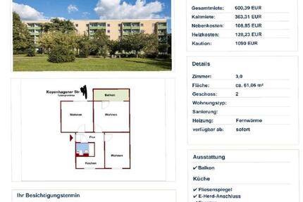 Wohnung Brandenburg an der Havel Görden - 3 Zimmer, 61 m&sup2;, 600&euro; | Angebot:26253617