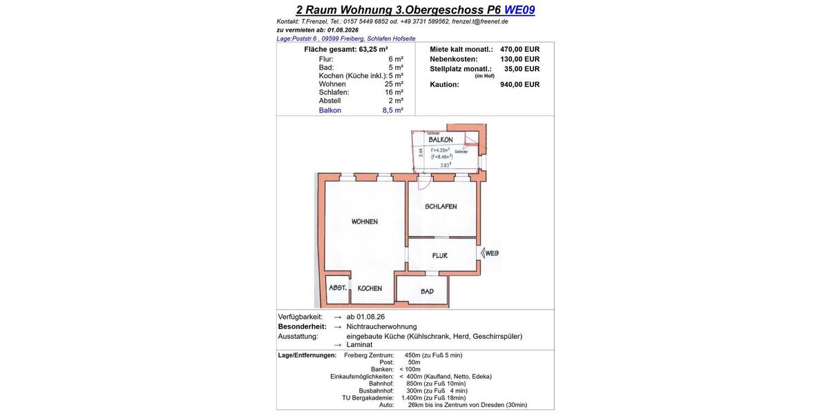Etagenwohnung Freiberg - 1 Zimmer, 63 m&sup2;, 470&euro; | Angebot:26044969