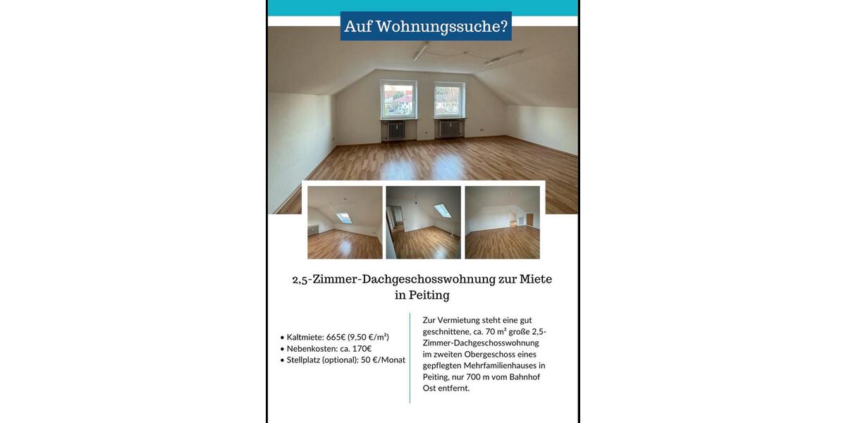 Dachgeschoßwohnung Peiting - 2.5 Zimmer, 70 m&sup2;, 665&euro; | Angebot:26424255