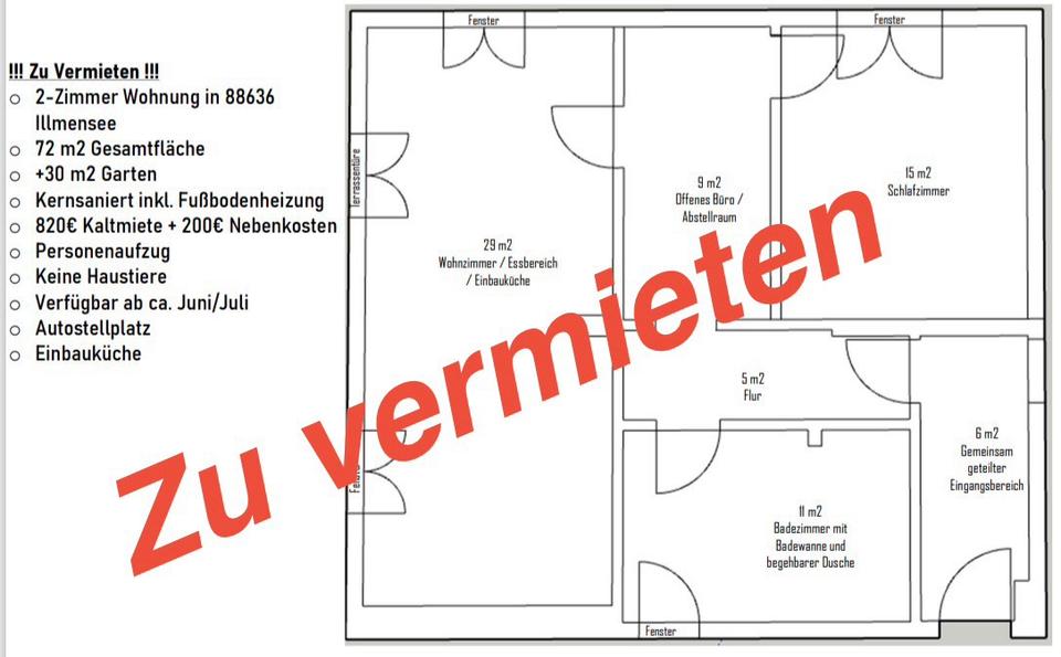 Erdgeschoßwohnung Illmensee - 2 Zimmer, 72 m&sup2;, 820&euro; | Angebot:26484348