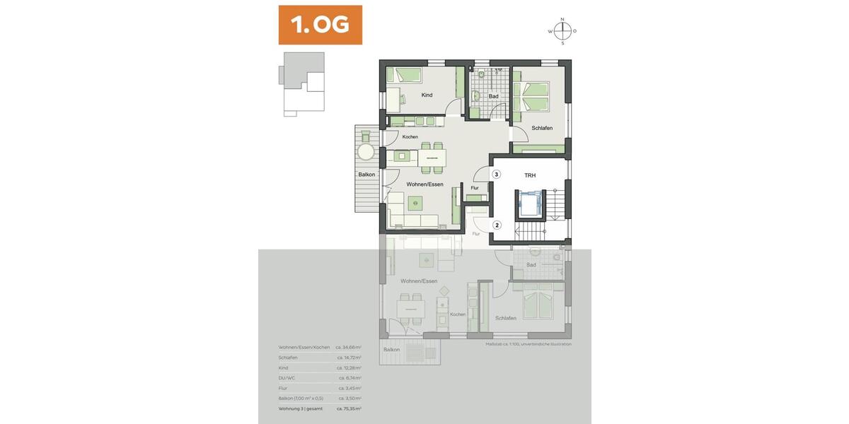Etagenwohnung Neu-Ulm Burlafingen - 3 Zimmer, 75 m&sup2;, 1.498&euro; | Angebot:24786292