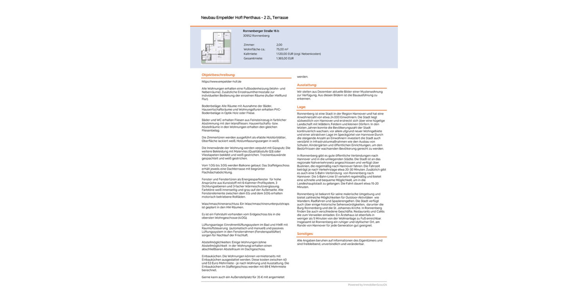Einfamilienhaus Ronnenberg - 2 Zimmer, 75 m&sup2;, 1.120&euro; | Angebot:25783977