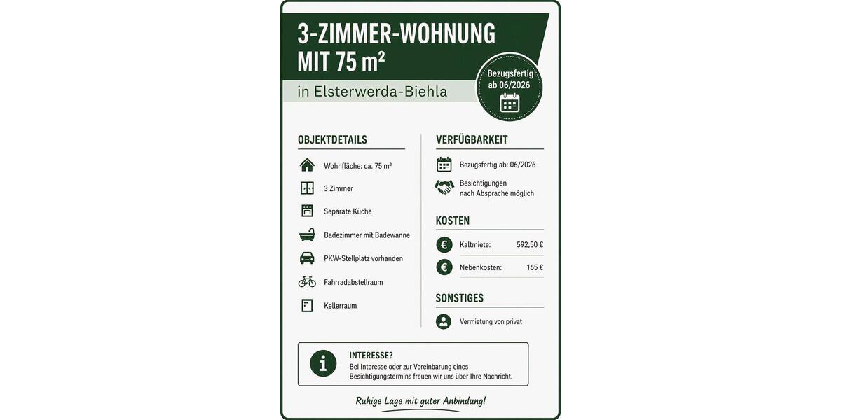 Etagenwohnung Elsterwerda - 3 Zimmer, 75 m&sup2;, 593&euro; | Angebot:26446565