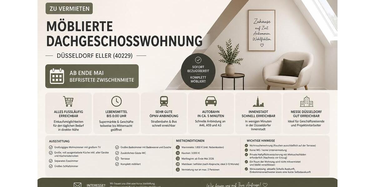 Dachgeschoßwohnung Düsseldorf Stadtbezirk 8 - 3 Zimmer, 100 m&sup2;, 1.850&euro; | Angebot:26408191