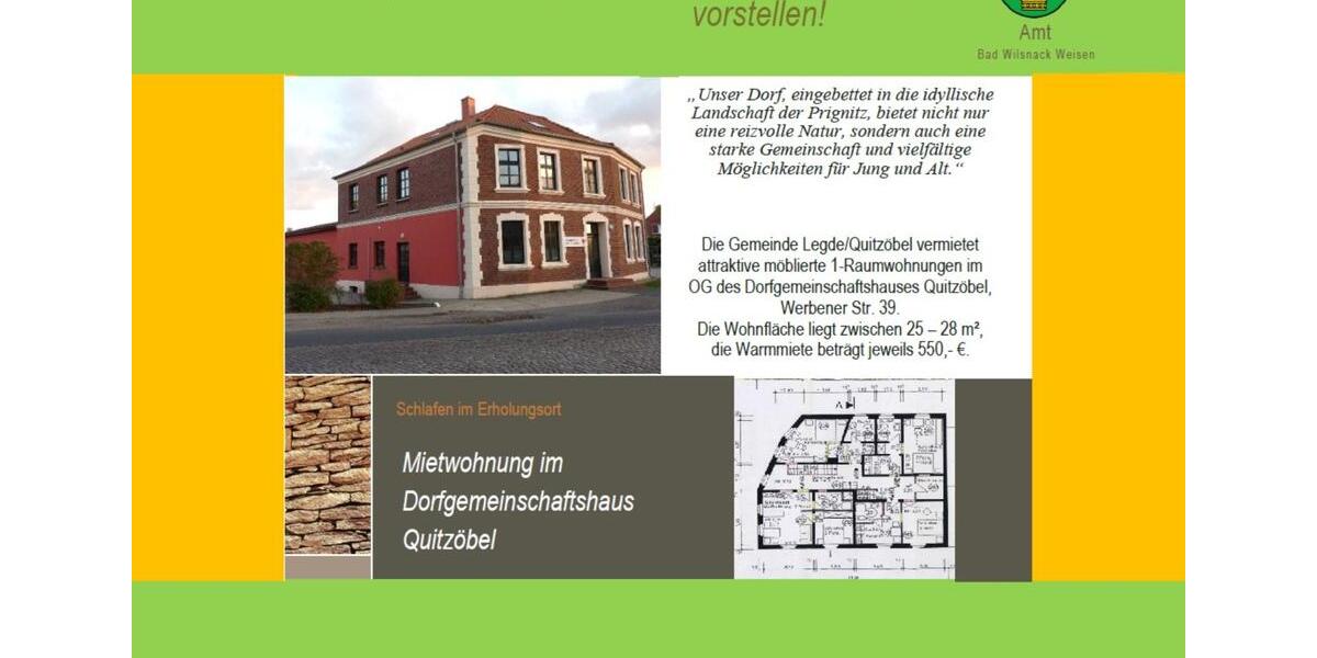 Etagenwohnung Bad Wilsnack - 1 Zimmer, 25 m&sup2;, 550&euro; | Angebot:25436832