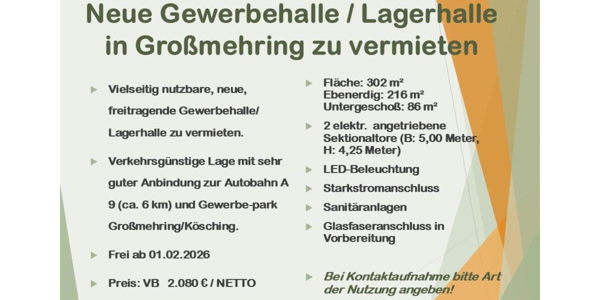 Neue Lagerhalle in Großmehring gewerblich zu vermieten zimmer