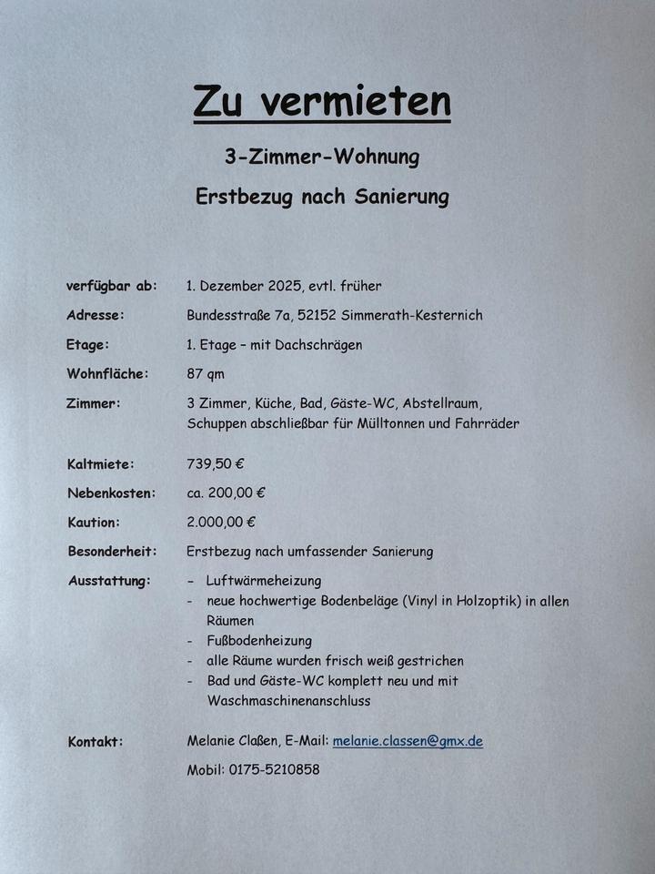 3 Zimmer Wohnung - Simmerath Kesternich