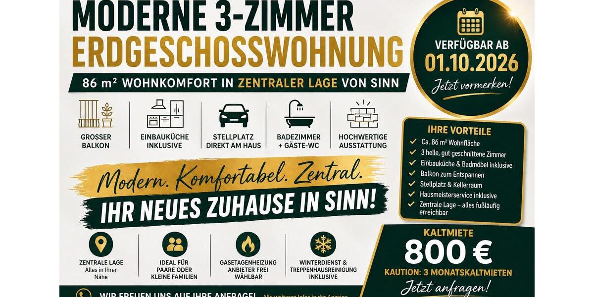 Erdgeschoßwohnung Sinn - 3 Zimmer, 86 m&sup2;, 800&euro; | Angebot:26632464