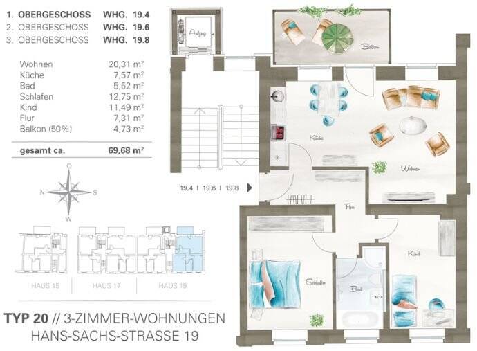 Etagenwohnung Chemnitz Lutherviertel - 3 Zimmer, 69 m&sup2;, 575&euro; | Angebot:25899141