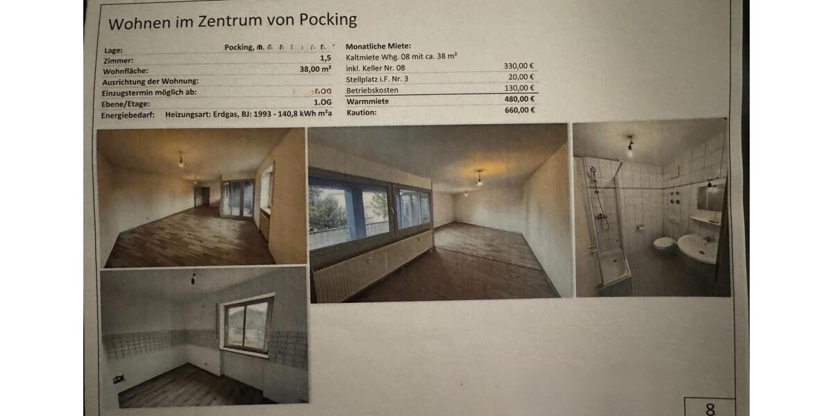 Etagenwohnung Pocking - 1.5 Zimmer, 38 m&sup2;, 480&euro; | Angebot:25173885