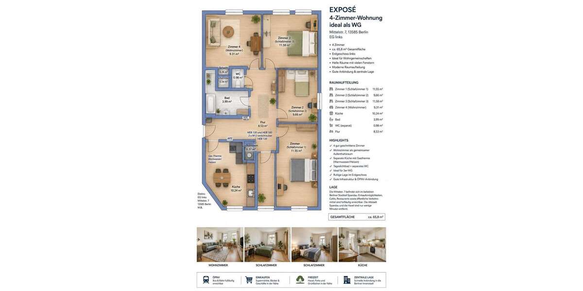 Etagenwohnung Berlin Spandau - 3 Zimmer, 65 m&sup2;, 1.600&euro; | Angebot:26731810