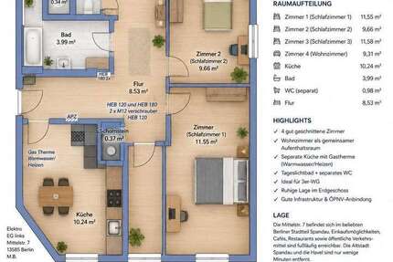 Wohnung Berlin Spandau - 3 Zimmer, 65 m&sup2;, 1.600&euro; | Angebot:26731810