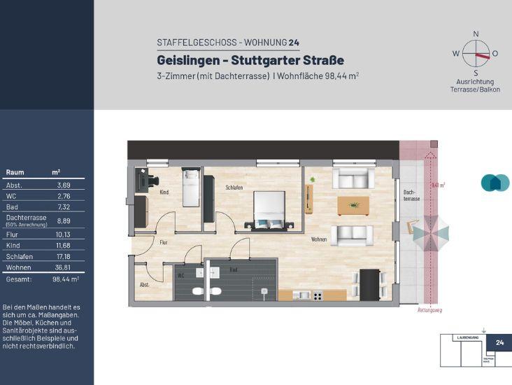 Dachgeschoßwohnung Geislingen an der Steige - 3 Zimmer, 96 m&sup2;, 1.100&euro; | Angebot:24598650