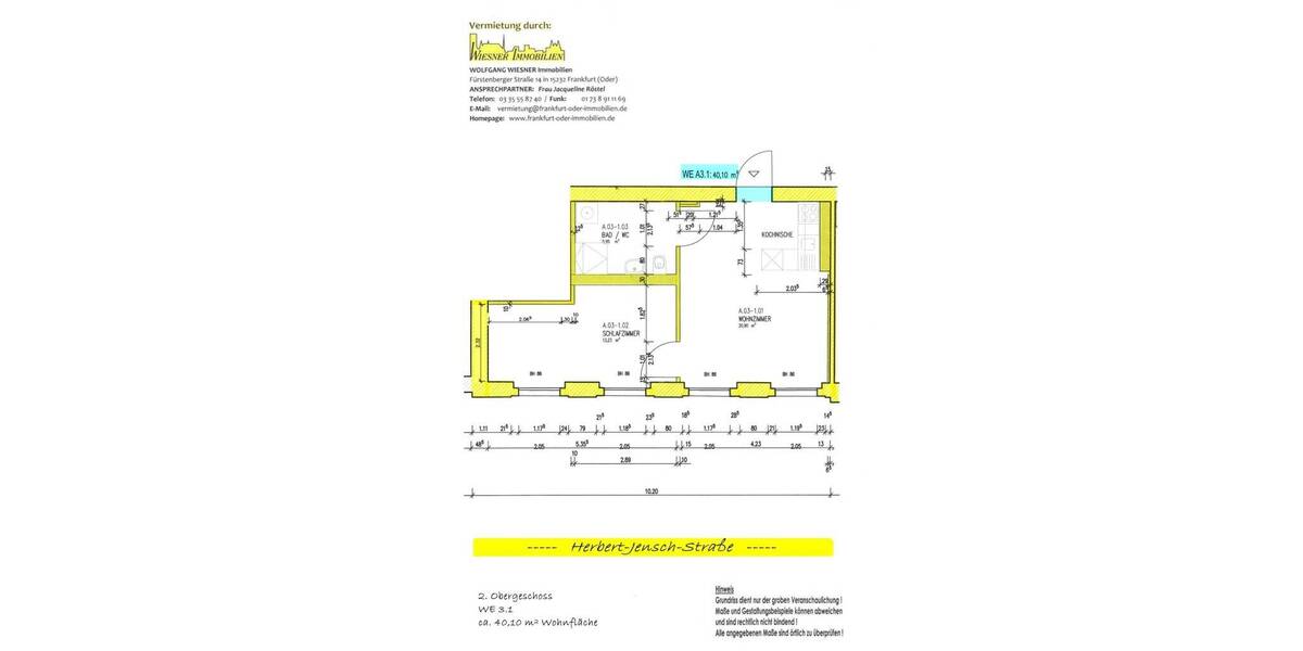 Etagenwohnung Frankfurt (Oder) Frankfurt - 2 Zimmer, 40 m&sup2;, 421&euro; | Angebot:25909338
