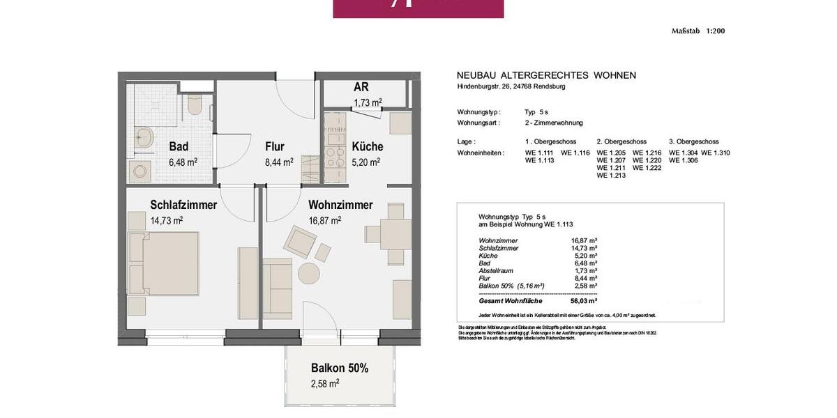 Etagenwohnung Rendsburg - 2 Zimmer, 56 m&sup2;, 962&euro; | Angebot:26248243