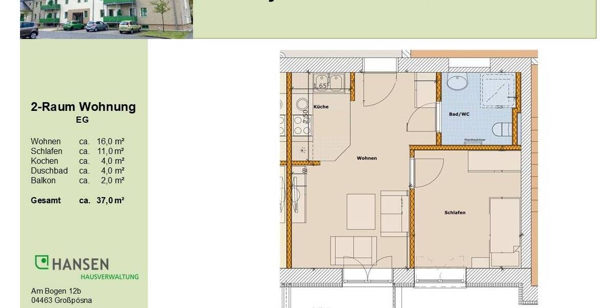 Etagenwohnung Dessau-Roßlau Kochstedt - 2 Zimmer, 37 m&sup2;, 305&euro; | Angebot:26155298