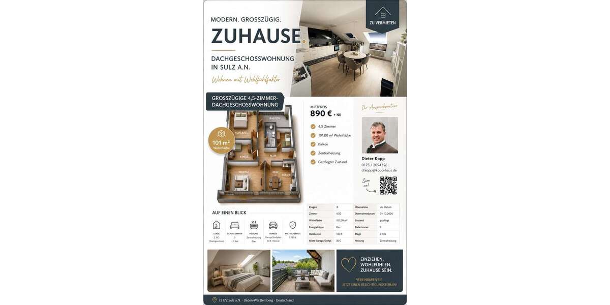 Etagenwohnung Sulz am Neckar - 4.5 Zimmer, 101 m&sup2;, 890&euro; | Angebot:27069190