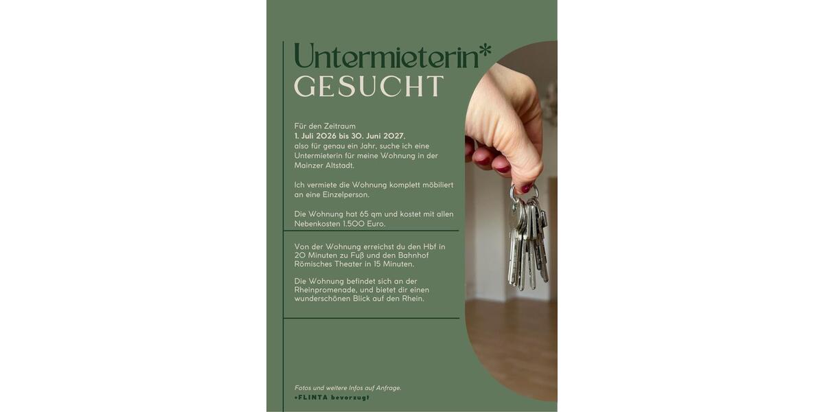 Etagenwohnung Mainz - 2 Zimmer, 65 m&sup2;, 1.500&euro; | Angebot:26267787