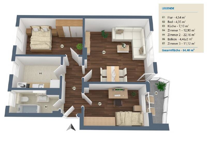 Etagenwohnung Minden Innenstadt - 3 Zimmer, 64 m&sup2;, 649&euro; | Angebot:25726172