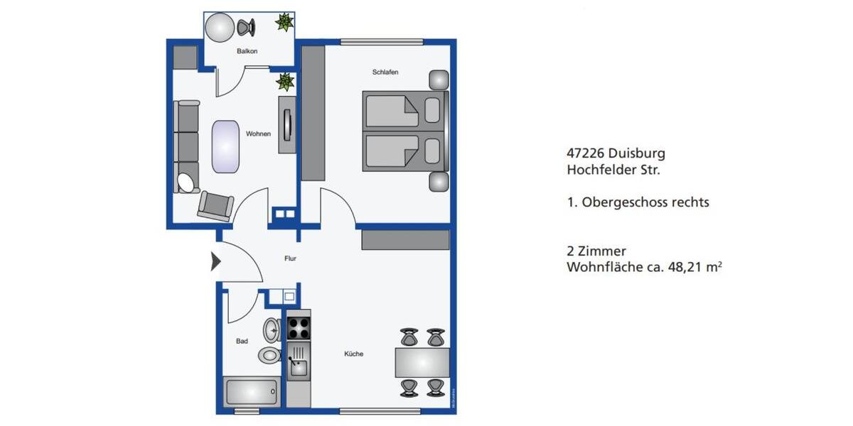 Etagenwohnung Duisburg Rheinhausen - 2 Zimmer, 48 m&sup2;, 385&euro; | Angebot:24565912