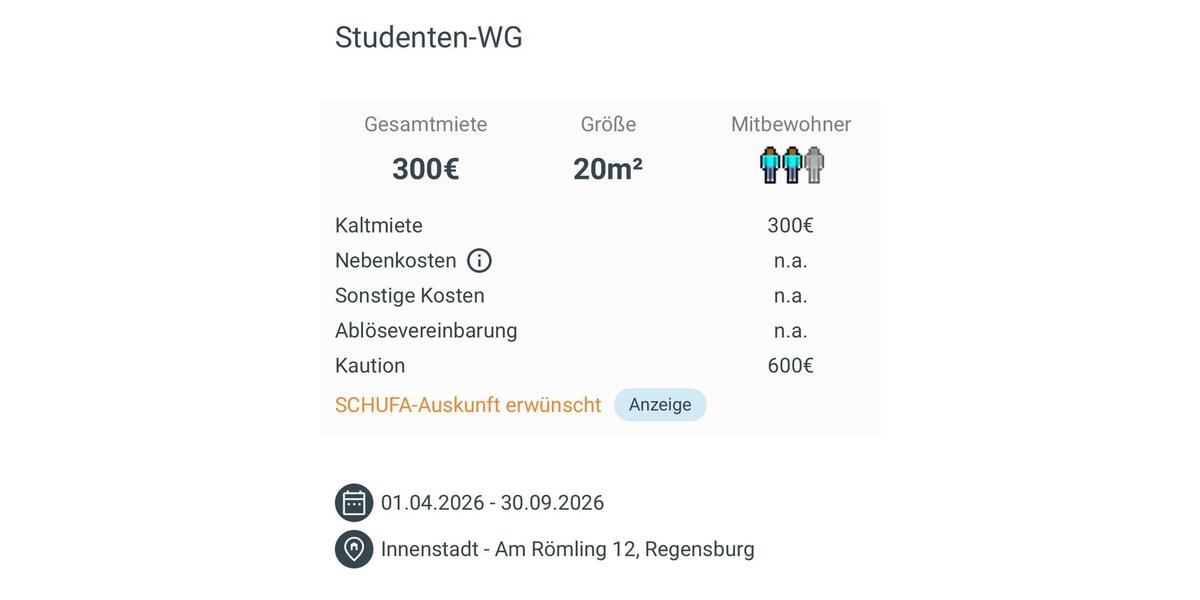 Etagenwohnung Regensburg Kumpfmühl - 1 Zimmer, 20 m&sup2;, 300&euro; | Angebot:25365870