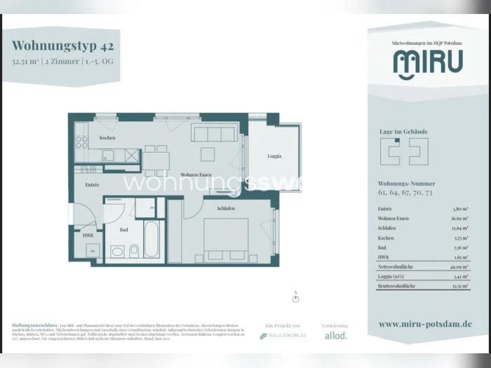 Etagenwohnung Potsdam Südliche Innenstadt - 2 Zimmer, 53 m&sup2;, 936&euro; | Angebot:25909391