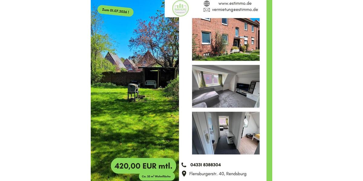 Dachgeschoßwohnung Rendsburg - 2 Zimmer, 35 m&sup2;, 420&euro; | Angebot:26625485