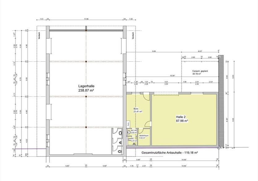 Gewerbliche Lagerhallen + Büro + Stellplätze