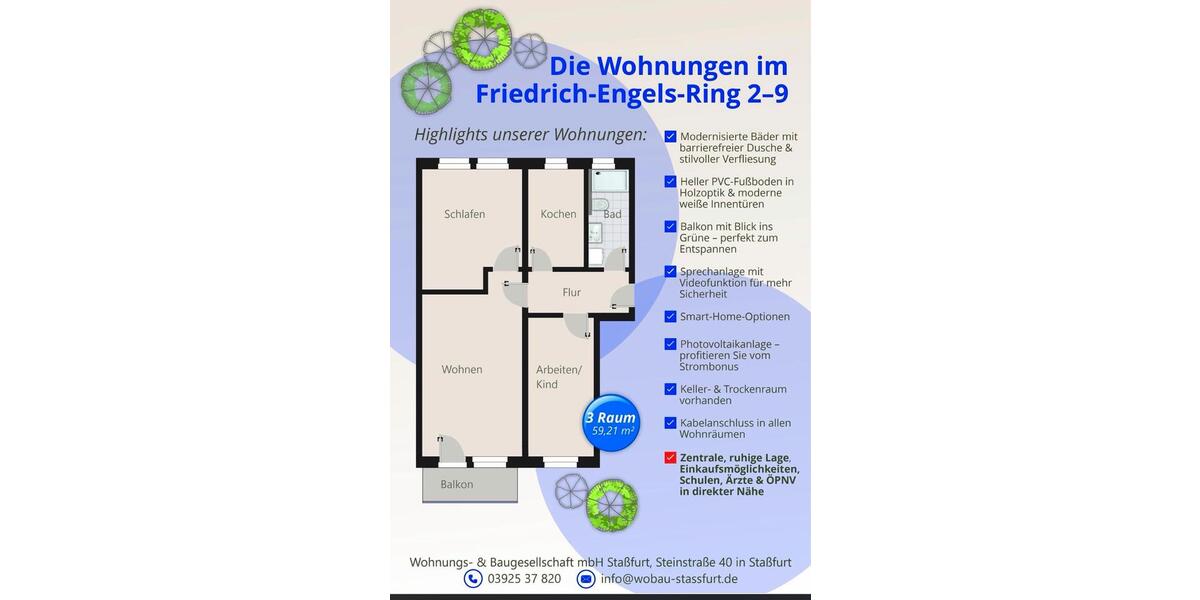 Etagenwohnung Staßfurt - 3 Zimmer, 59 m&sup2;, 473&euro; | Angebot:25720977