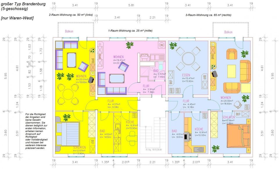 Etagenwohnung Waren (Müritz) - 2 Zimmer, 51 m&sup2;, 375&euro; | Angebot:26261634